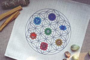 Flower of Life Grid with Chakra Symbols Linen Cloth