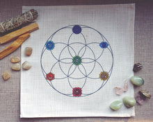 Load image into Gallery viewer, Seed of Life Grid with Chakra Symbols Linen Cloth
