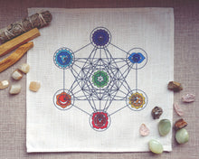 Load image into Gallery viewer, Metatron&#39;s Cube Grid with Chakra Symbols Linen Cloth
