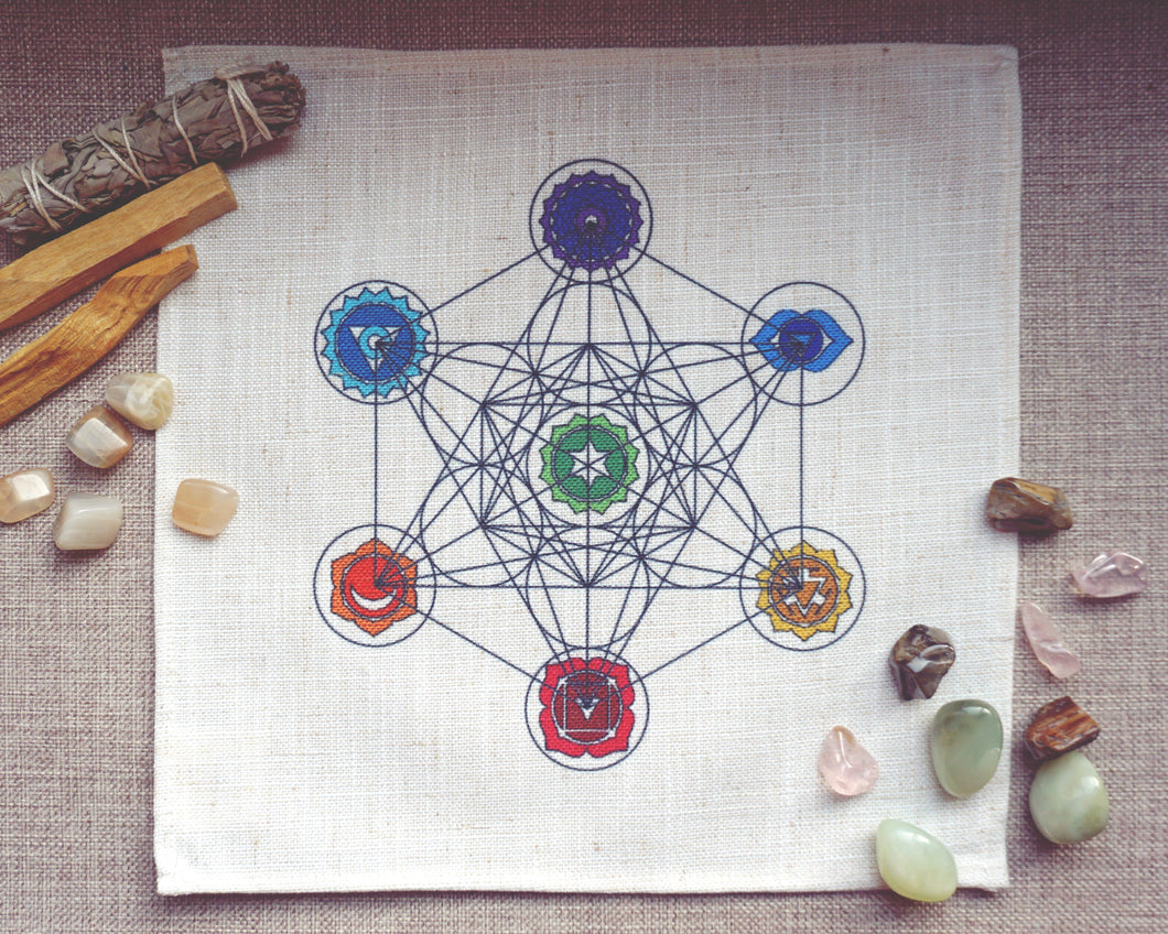 Metatron's Cube Grid with Chakra Symbols Linen Cloth