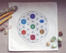 Load image into Gallery viewer, Flower of Life Grid with Chakra Symbols Linen Cloth
